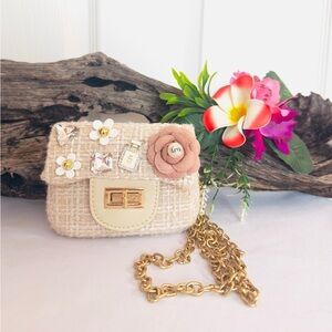 MINI BAG ~ Chic Beige Tweed Bag w/Floral Pearl Embellishments w/Gold Link Chain